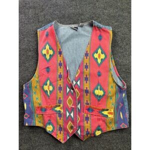 Nuovo Vest Womens Large Multicolor Southwestern Denim Geometric Vintage Button